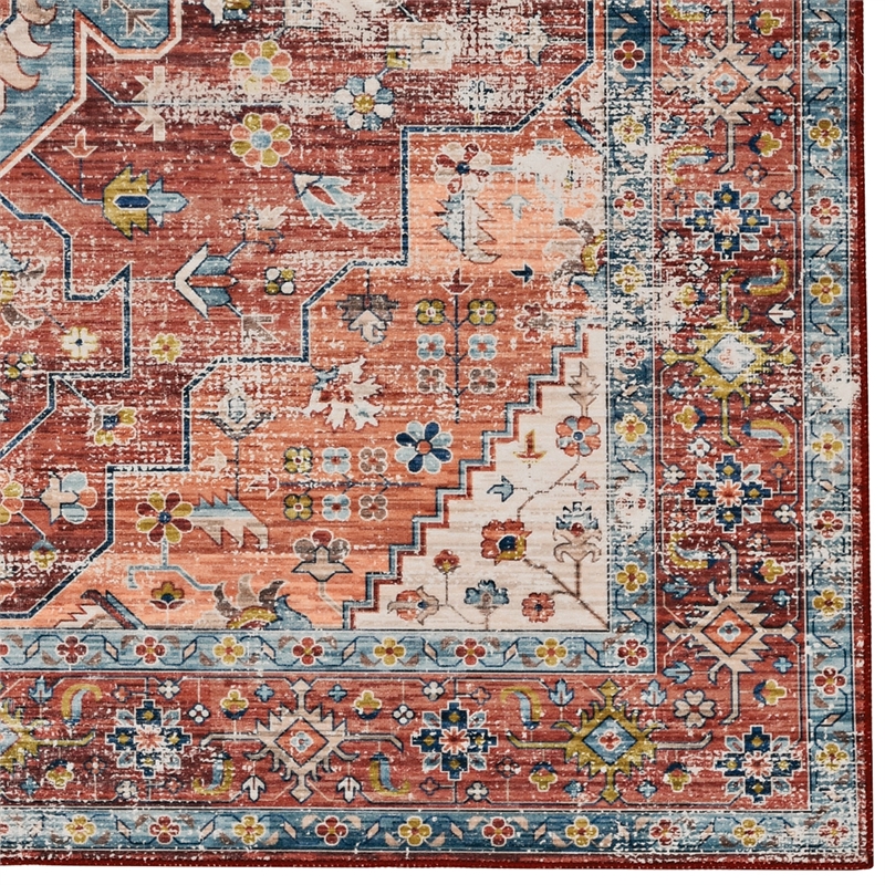 Laysan Home Transitional Washable Polyester 5'x7' Rug in Rust Orange and Ivory
