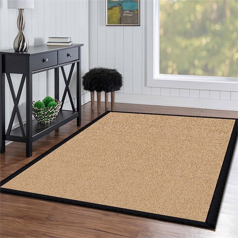 Laysan Home Transitional Machine Tufted Wool 5'x8' Rug in Sisal / Black Leather