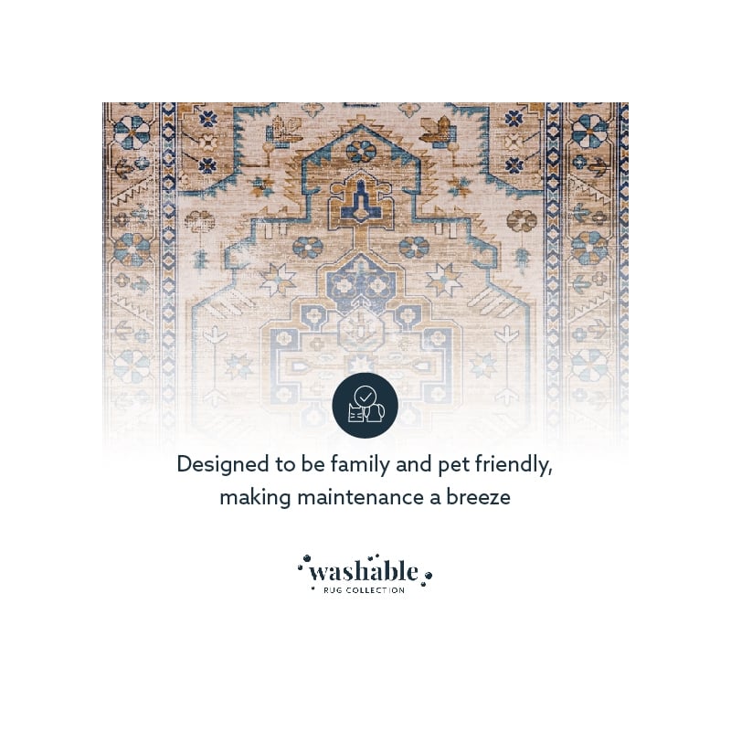 Laysan Home Transitional Washable Polyester 3'x5' Rectangle Rug in Ivory / Gold