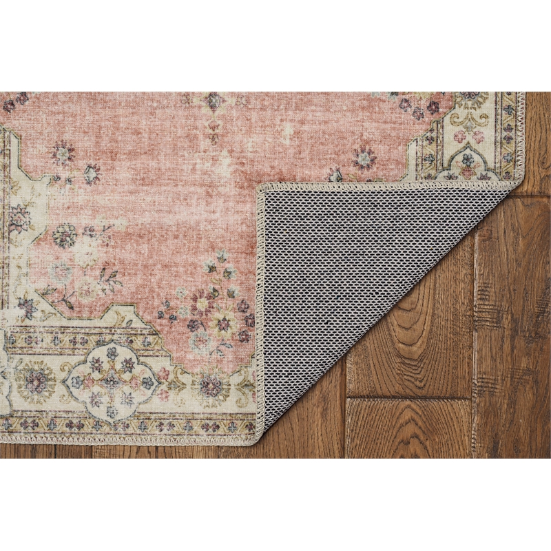 Laysan Home Transitional Washable Polyester 2'x8' Rectangle Rug in Pink / Ivory