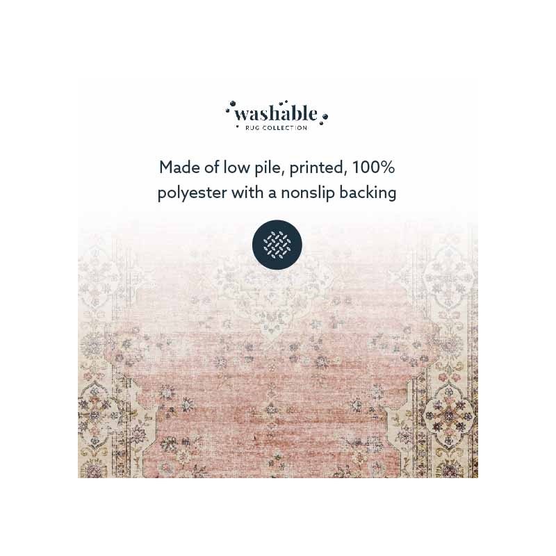 Laysan Home Transitional Washable Polyester 2'x8' Rectangle Rug in Pink / Ivory