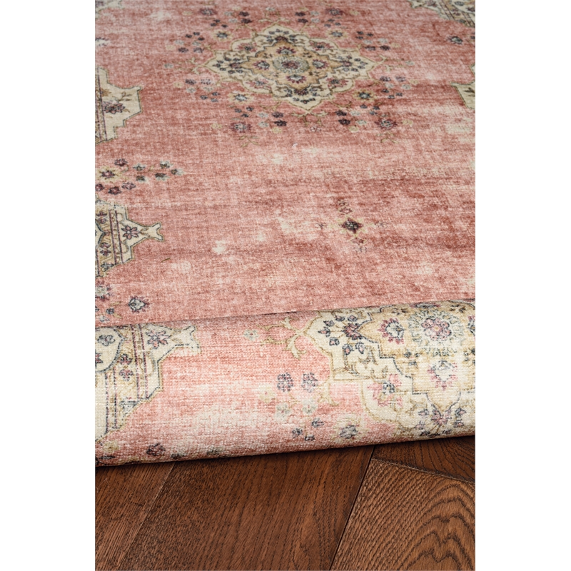 Laysan Home Transitional Washable Polyester 2'x8' Rectangle Rug in Pink / Ivory