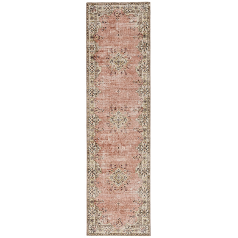 Laysan Home Transitional Washable Polyester 2'x8' Rectangle Rug in Pink / Ivory