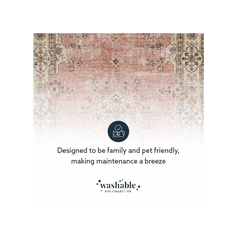 Laysan Home Transitional Washable Polyester 3'x5' Rectangle Rug in Pink / Ivory