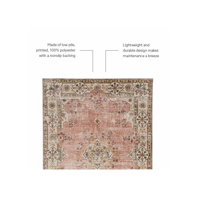 Laysan Home Transitional Washable Polyester 3'x5' Rectangle Rug in Pink / Ivory