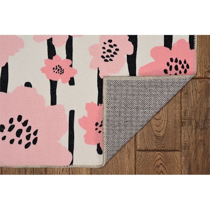 Laysan Home Transitional Washable Polyester 2'x8' Rectangle Rug in Ivory / Pink