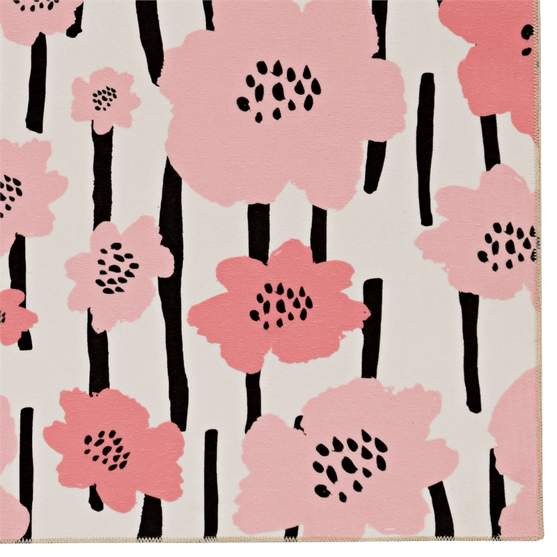 Laysan Home Transitional Washable Polyester 3'x5' Rectangle Rug in Ivory / Pink