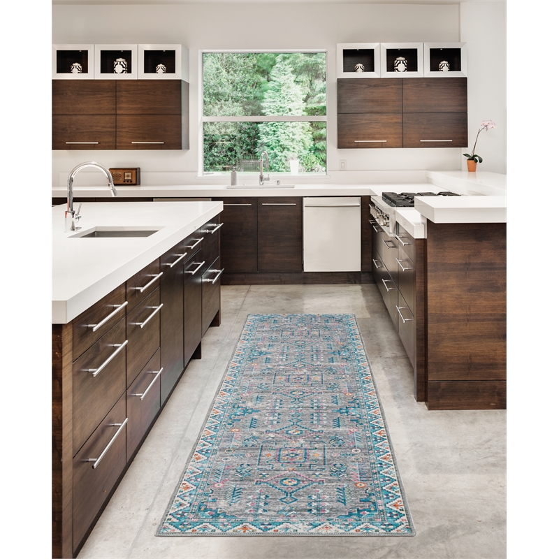 Laysan Home Transitional Washable Polyester 2'x8' Rectangle Rug in Gray / Green