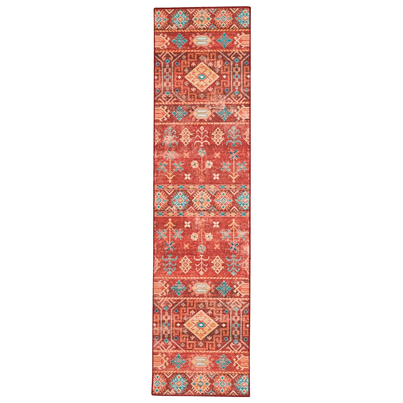 Laysan Home Transitional Washable Polyester 2'x8' Rectangle Rug in Red and Ivory