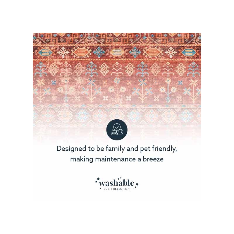 Laysan Home Transitional Washable Polyester 3'x5' Rectangle Rug in Red and Ivory