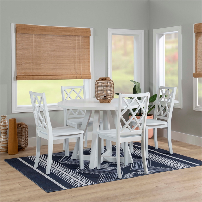 Laysan Home 2-Piece Dining Set in Distressed White - Solid Pine Table and Lattice-Back Chair