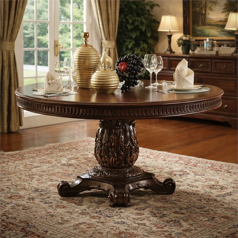 Laysan Home Round Pedestal Dining Table with Beveled Wooden Top in Cherry