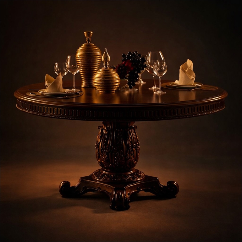 Laysan Home Round Pedestal Dining Table with Beveled Wooden Top in Cherry