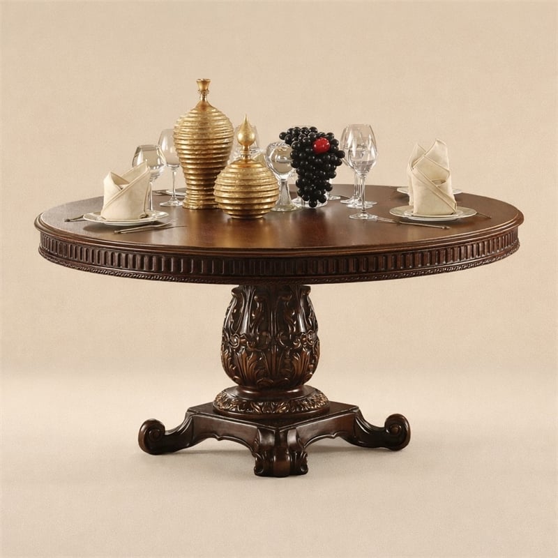 Laysan Home Round Pedestal Dining Table with Beveled Wooden Top in Cherry