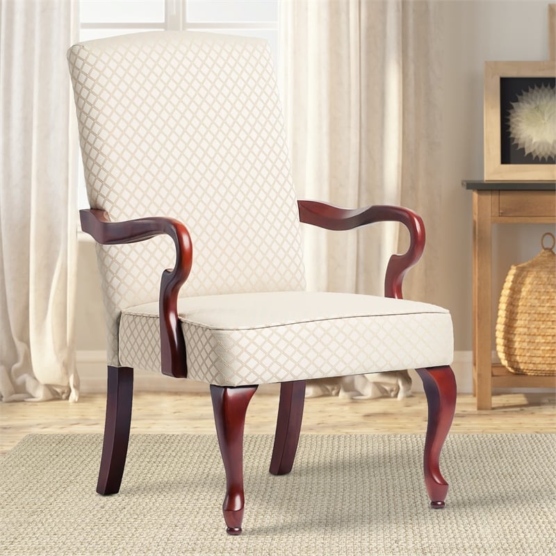 Comfort Pointe Derby Beige Jacquard Fabric Solid Wood Gooseneck Arm Chair