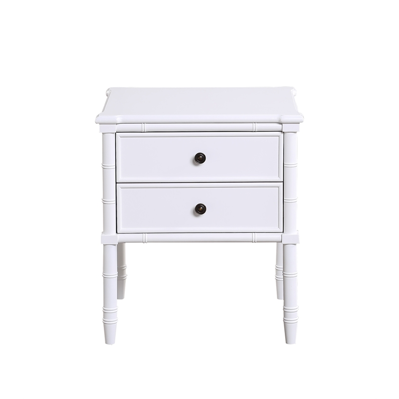 Ellison White 2-Drawer Wood Nightstand with Carved Legs and Antique Brass Knobs