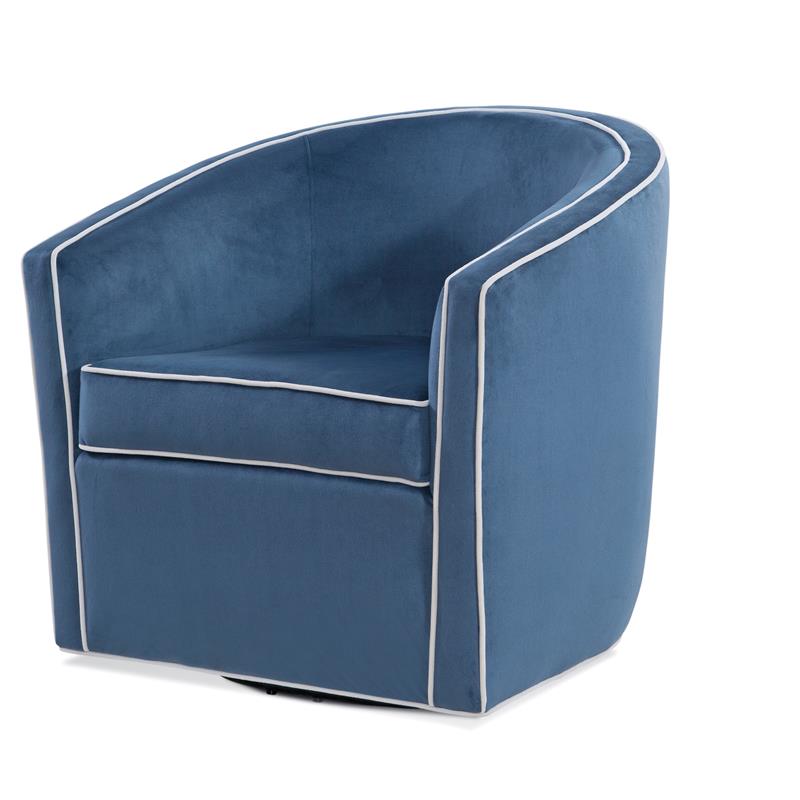 Keely Blue Velvet with Contrasting Cream Welt Barrel Swivel Chair