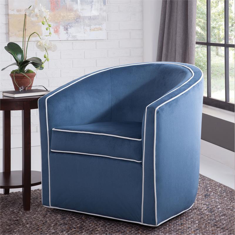 Keely Blue Velvet with Contrasting Cream Welt Barrel Swivel Chair ...