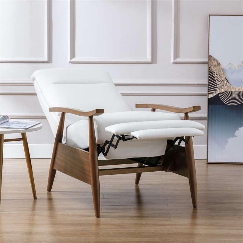 Solaris Wood Arm Milky White Faux Leather Wood Arm Push Back Recliner