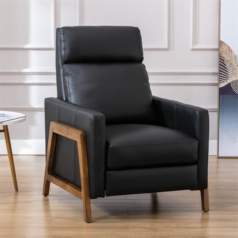 Reed Black Top Grain Leather Exposed Wood Frame Push Back Recliner