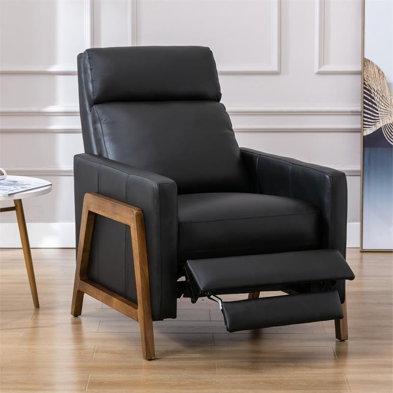 Reed Black Top Grain Leather Exposed Wood Frame Push Back Recliner