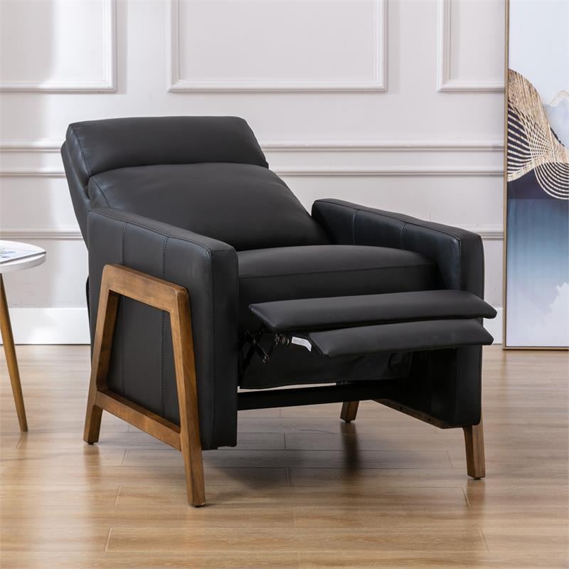 Reed Black Top Grain Leather Exposed Wood Frame Push Back Recliner