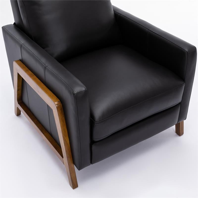 Reed Black Top Grain Leather Exposed Wood Frame Push Back Recliner