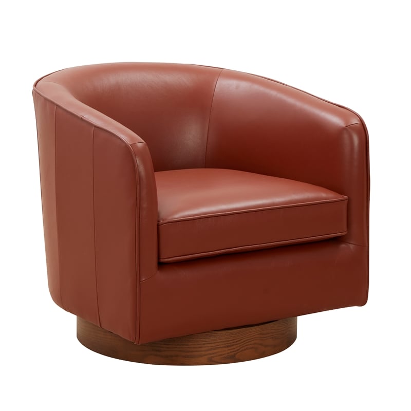 Taos Caramel  100 percent Top Grain Leather Wood Base Swivel Barrel Chair