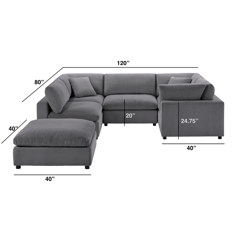 Comfort Pointe Casella Modular Charcoal Corduroy Fabric 6-Piece Sectional