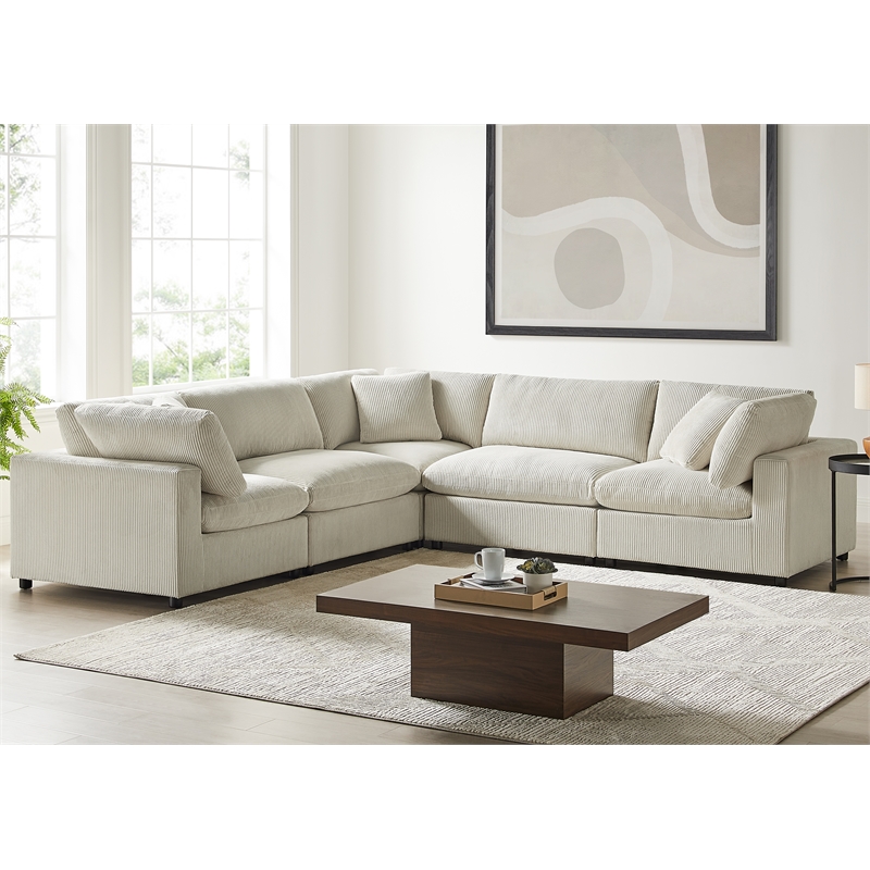 Casella Modular Beige Corduroy Fabric 5-Piece Corner Sectional
