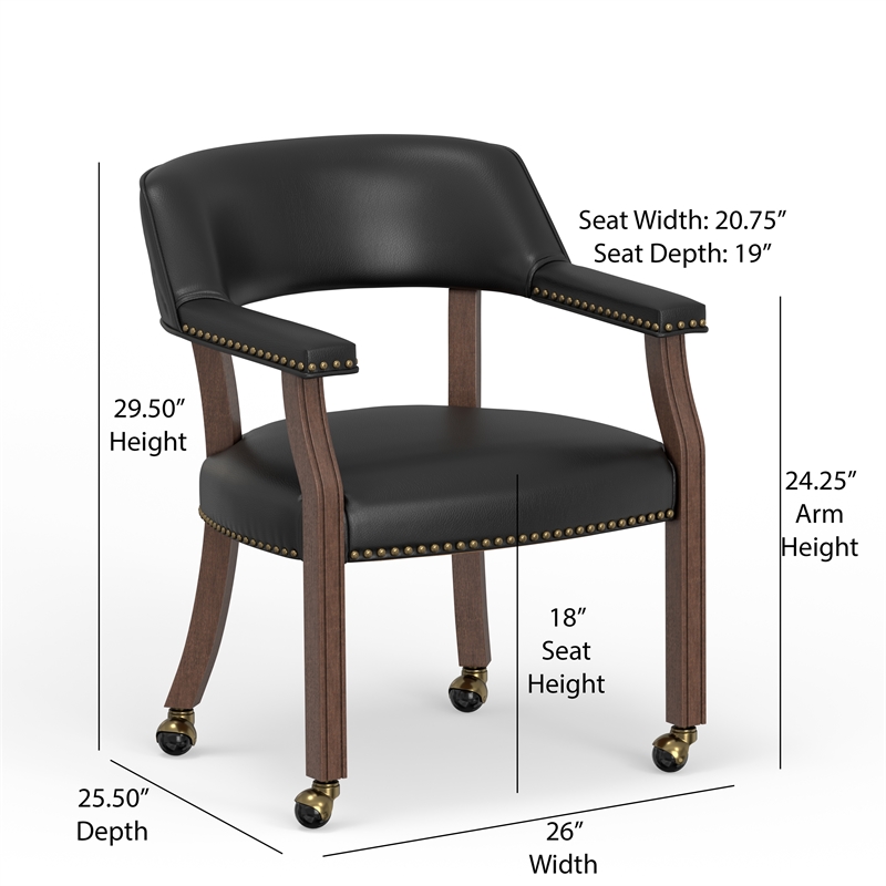Georgio Dining and Game Chair in Walnut with Black Faux Leather with Casters