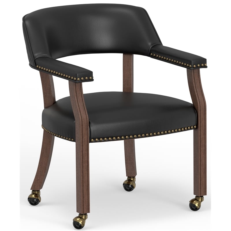 Georgio Dining and Game Chair in Walnut with Black Faux Leather with Casters