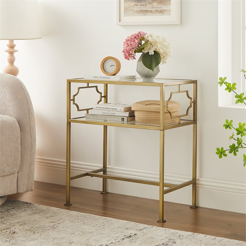 Comfort Pointe Gretna Rectangular Antique Gold Metal and Glass Accent Table