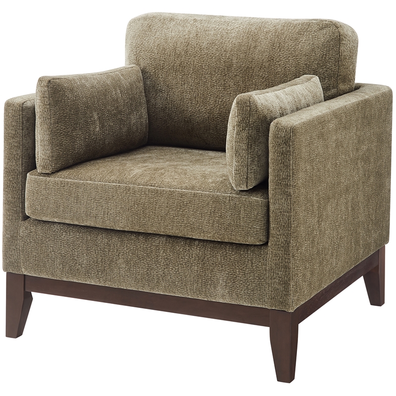 Chios Modern Arm Chair in Plush Caper Green Fabric with Wooden Base
