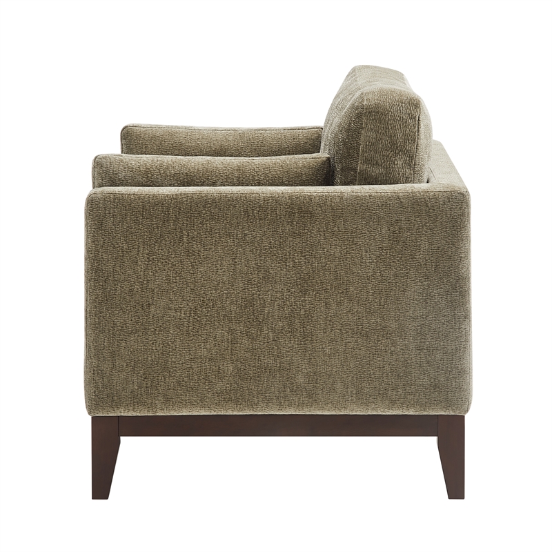 Chios Modern Arm Chair in Plush Caper Green Fabric with Wooden Base
