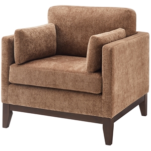 Chios Modern Arm Chair in Plush Bark Brown Fabric with Wooden Base