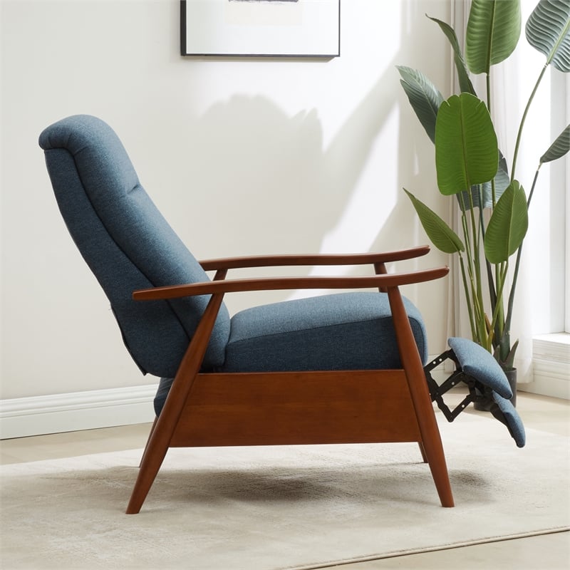 Terni Wood Arm Push Back Recliner in Performance Fabric - Denim Blue
