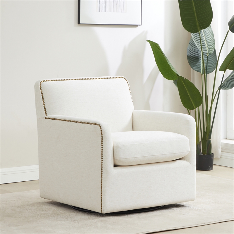 Comfort Pointe Tolland Cream Polyester Swivel Accent Chair with Nailhead Trim