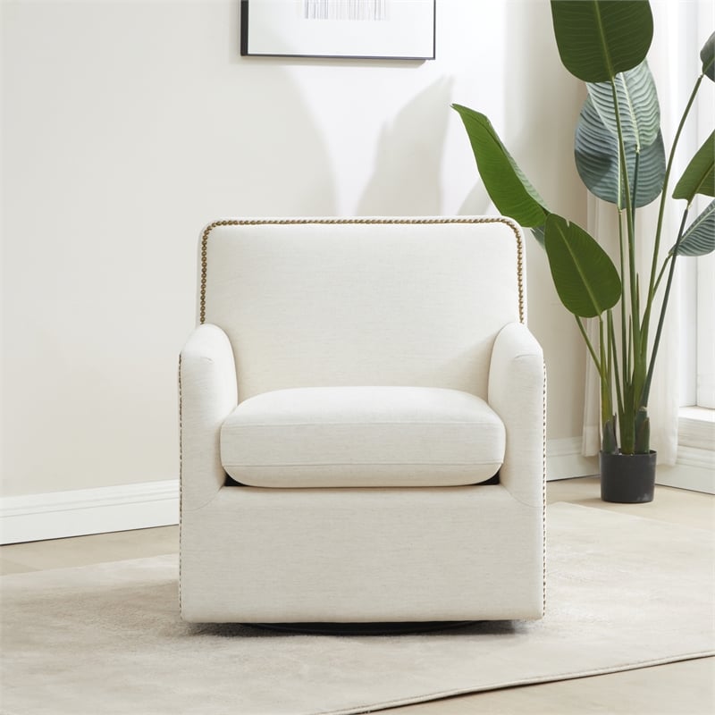 Comfort Pointe Tolland Cream Polyester Swivel Accent Chair with Nailhead Trim