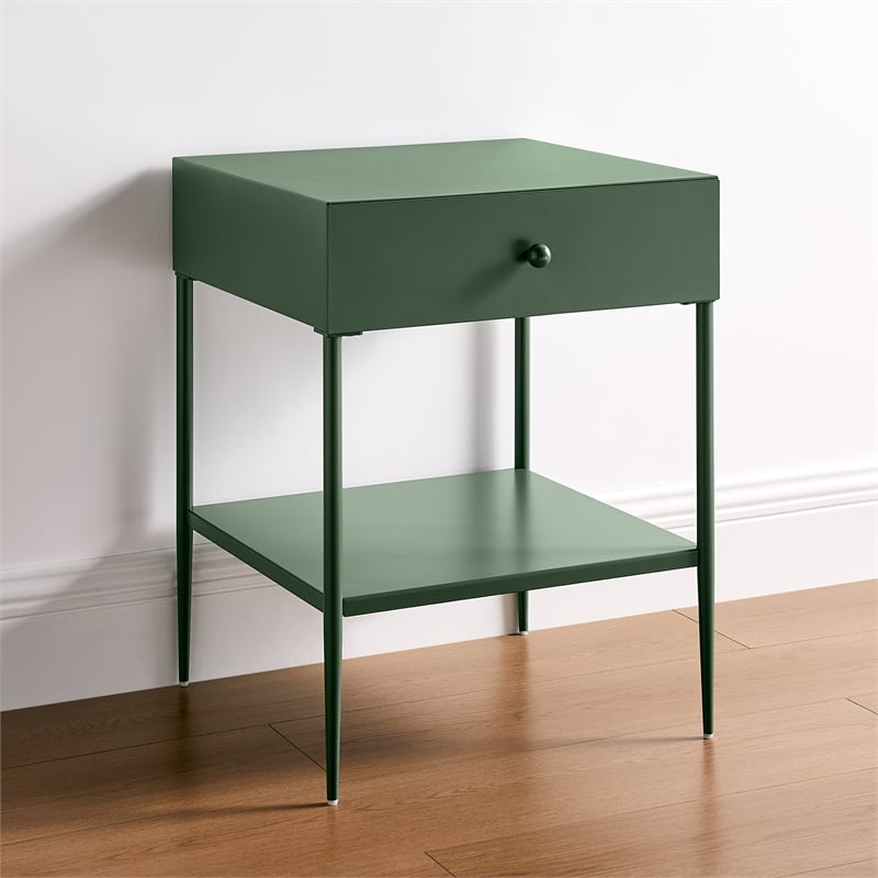Chalamet Vintage Green Metal 1-Drawer Nightstand with Open Shelf
