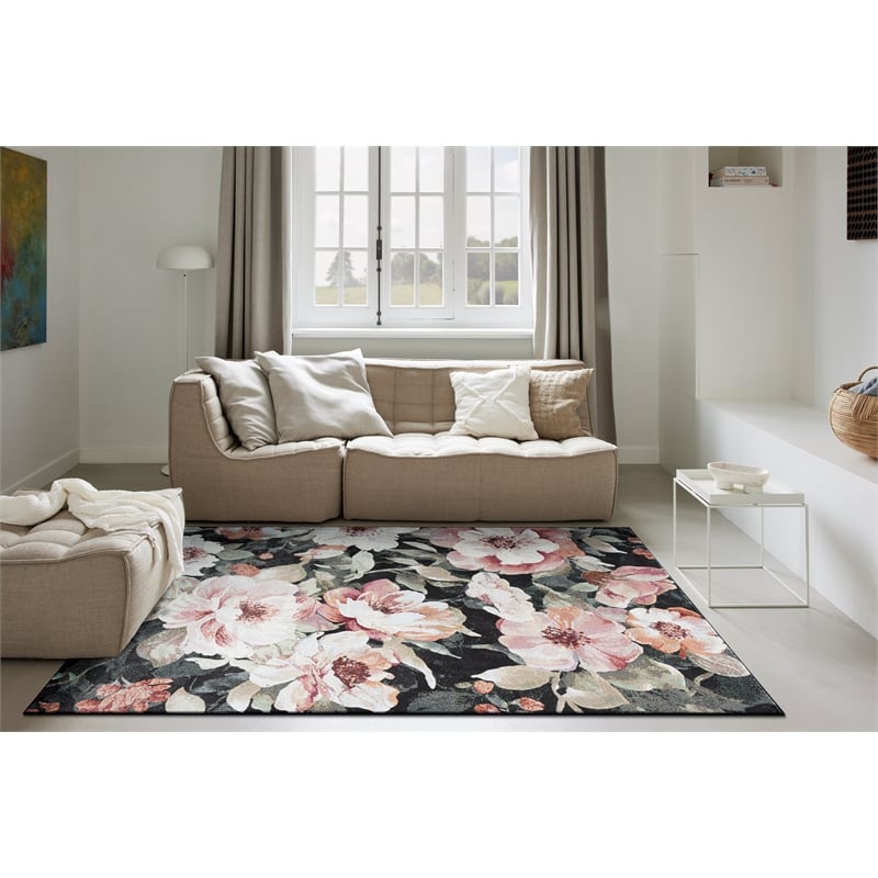 Essentials Eleanor Black Blush Pink Rose Peach and Green Polyester Area Rug