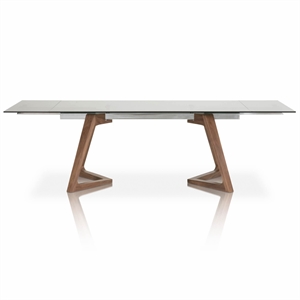 axel extension dining table in walnut and smoke gray glass