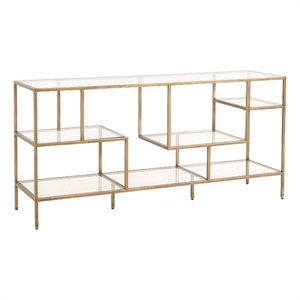 essentials for living district beakman metal low bookcase in brass/clear