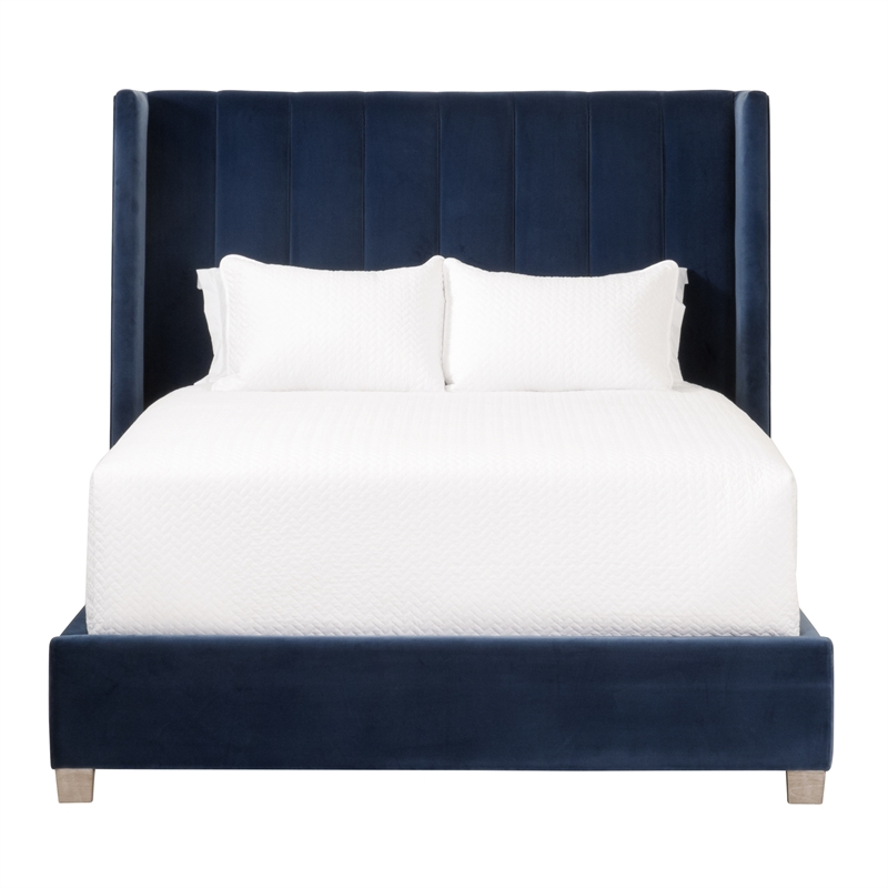 Chandler Queen Bed - Denim Blue Velvet and Natural Gray Oak