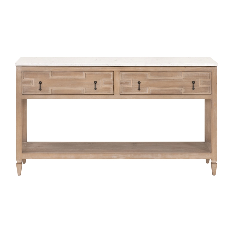 emerie 2-drawer entry console - natural beige solid wood & white quartz