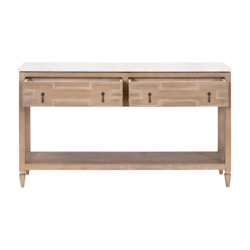 emerie 2-drawer entry console - natural beige solid wood & white quartz