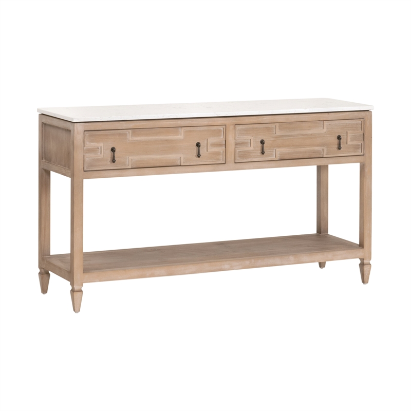 emerie 2-drawer entry console - natural beige solid wood & white quartz