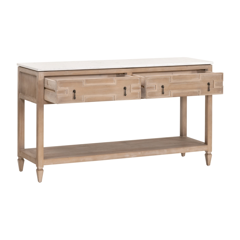emerie 2-drawer entry console - natural beige solid wood & white quartz