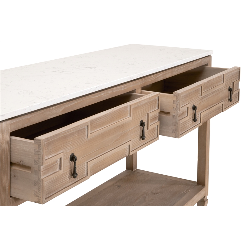 emerie 2-drawer entry console - natural beige solid wood & white quartz