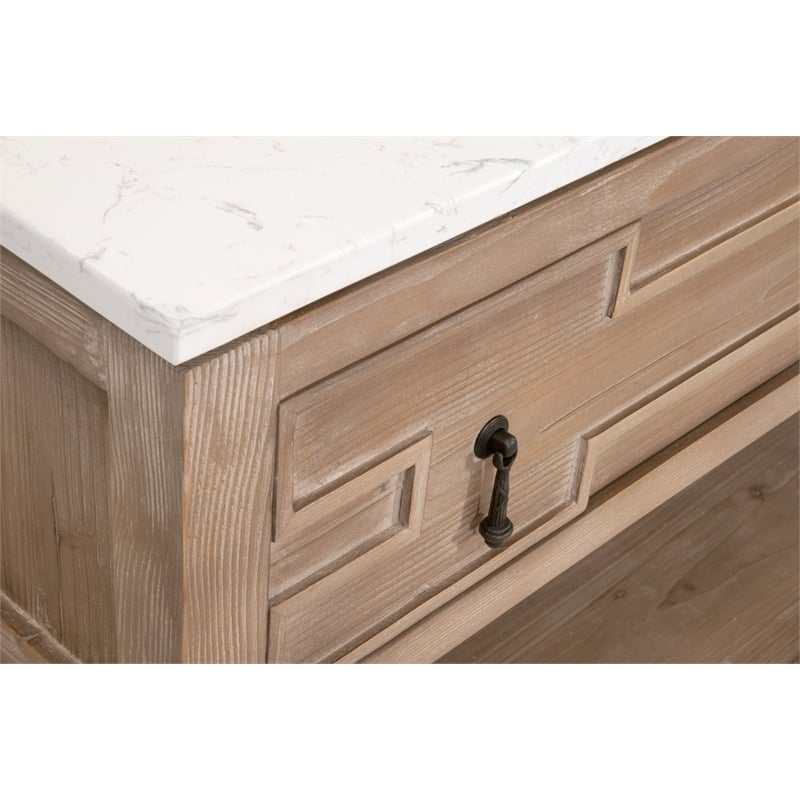 emerie 2-drawer entry console - natural beige solid wood & white quartz